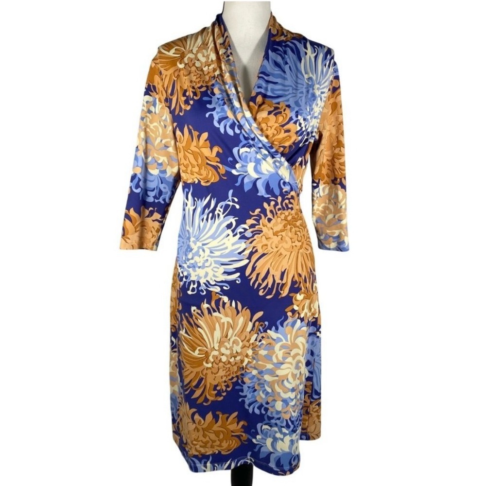 J. Mclaughlin Blue Tan Cream Panama Catalina Cloth Faux Wrap Dress Small